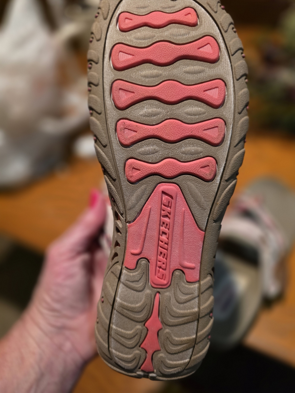 Skechers Women’s Light Gray and Pink Strap Comfort Sandals - Picture 2 of 5